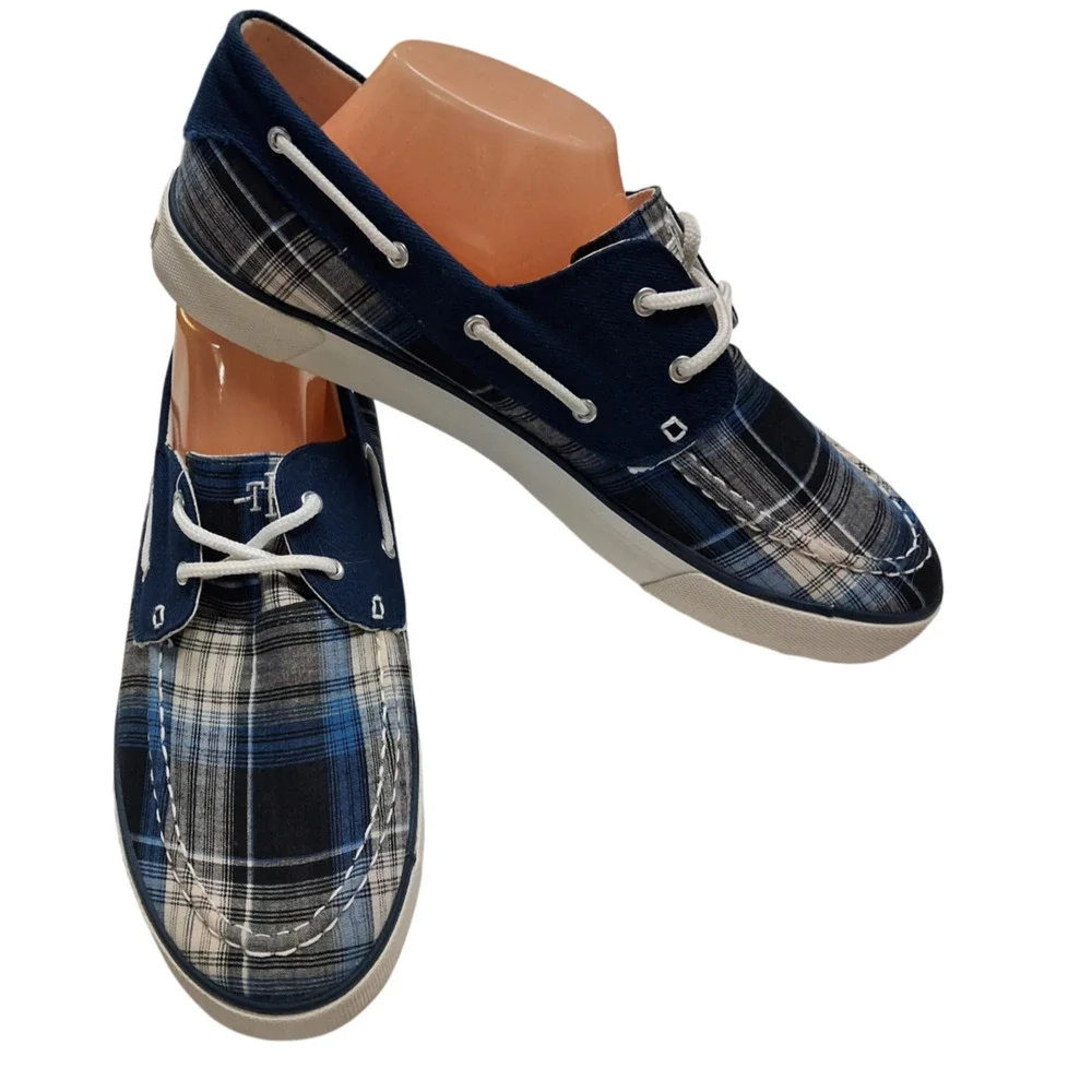 TRC The Riding Club Plaid Boat Shoes Mens Size 12 Blue Casual Deck Lace Up New
